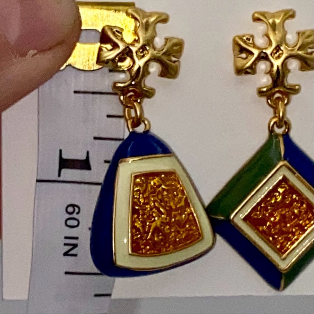 NWT Tory Burch Rosanne Mismatch Drop Earrings, blue/ green and gold tone - Picture 5 of 8